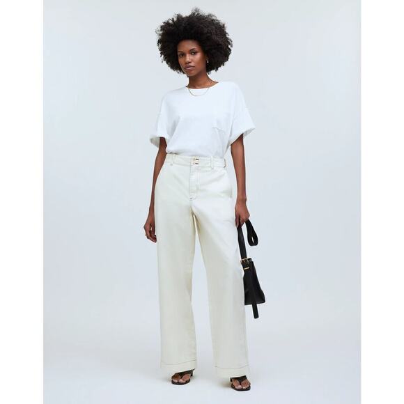 Madewell Button Tab Pants Wide Legs High Rise Denim Antique Cream NWT Size 10 - Picture 2 of 14